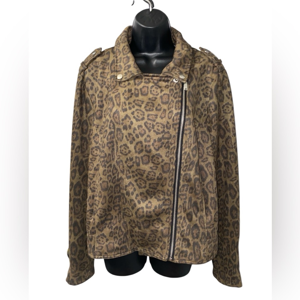 MARK ALAN NEW YORK Women's Faux Suede Animal Print Collared Zip Jacket Size XL